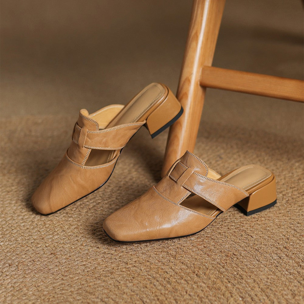 Closed Toe Buckle Strap Block Heel Mules