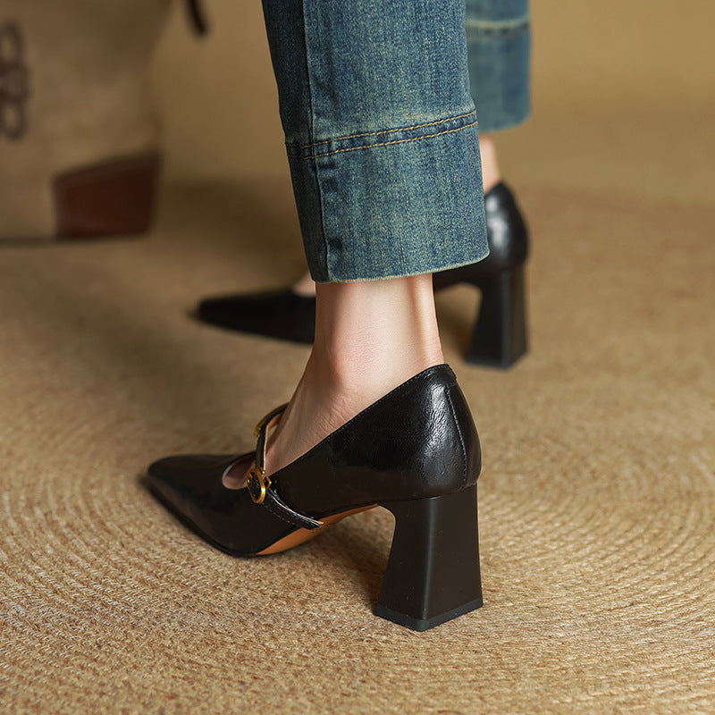Square Toe Ankle Strap Block Heel Mary Jane Pumps
