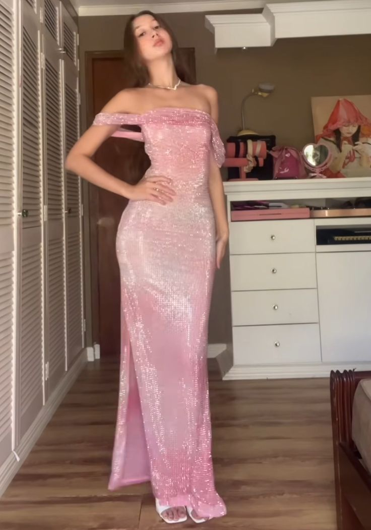 Glitter Pink Sequins Off The Shoulder Long Prom Dress Slit Party Evening Gown cc2016