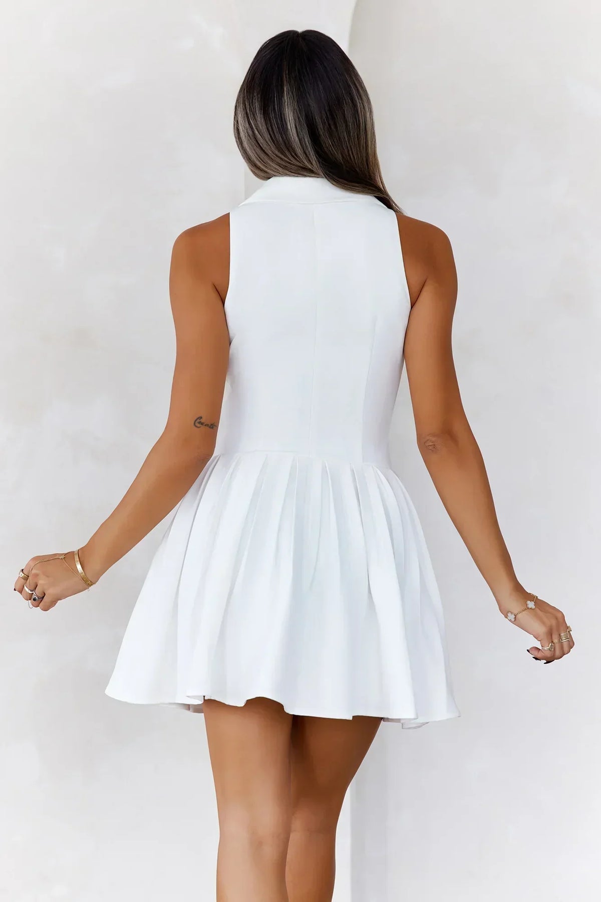Collared Halter V-Neck Button Front Pleated Fit and Flare Mini Dress 5