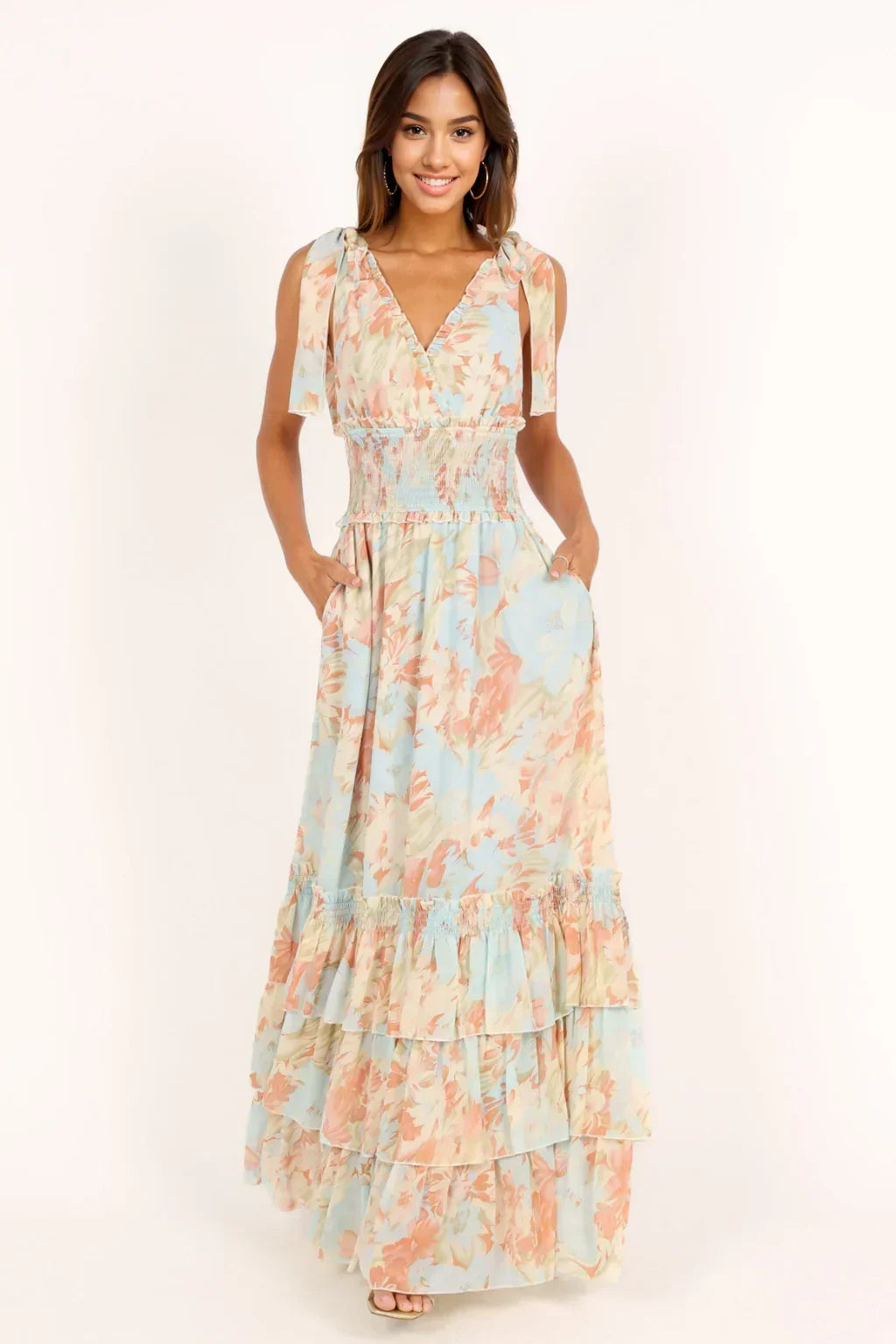 Floral Print Tie Shoulder Shirred Bodice Tiered Ruffle Maxi Dress 4
