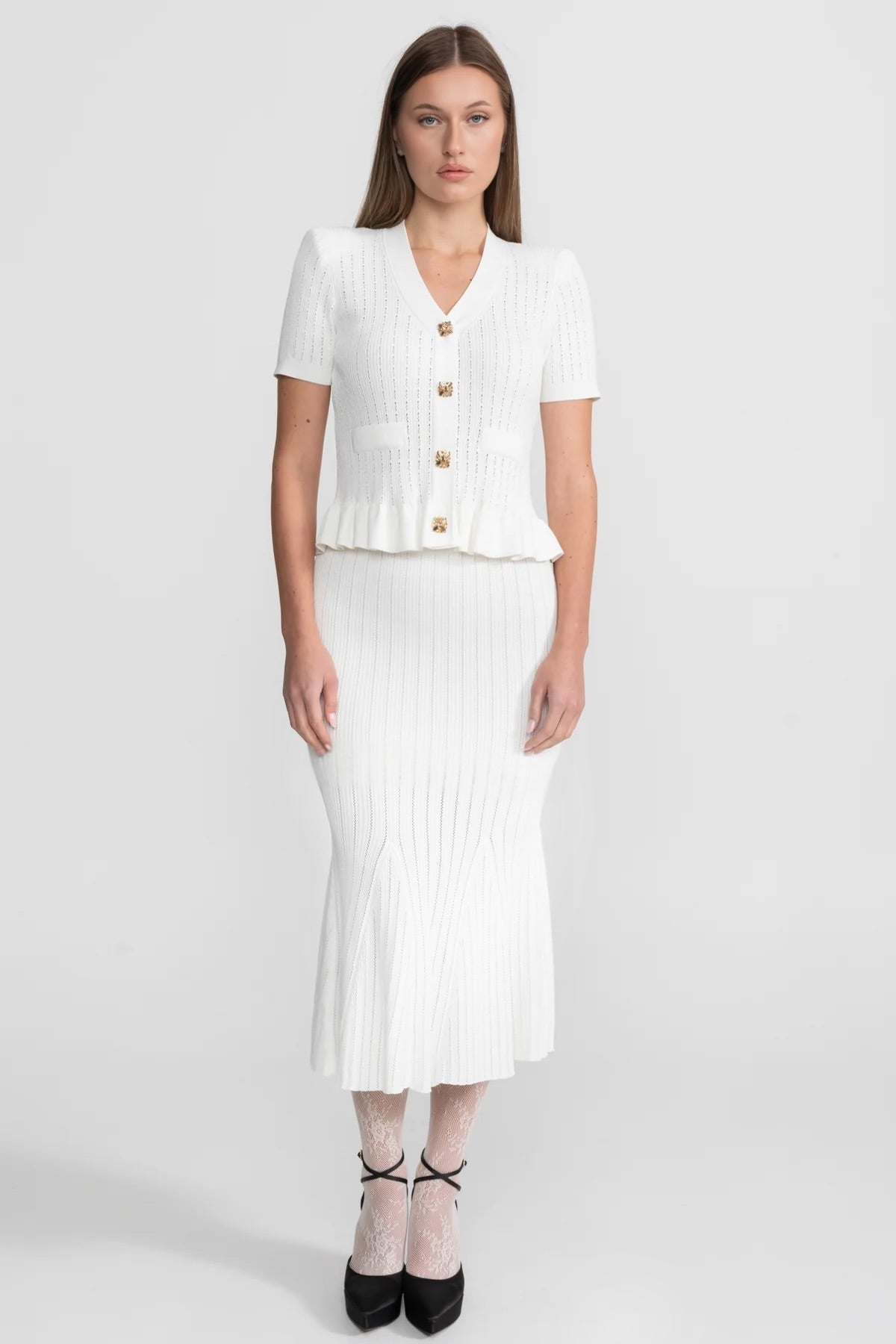 Pointelle Knit V-Neck Peplum Button Top and Flared Midi Skirt Two Piece Set