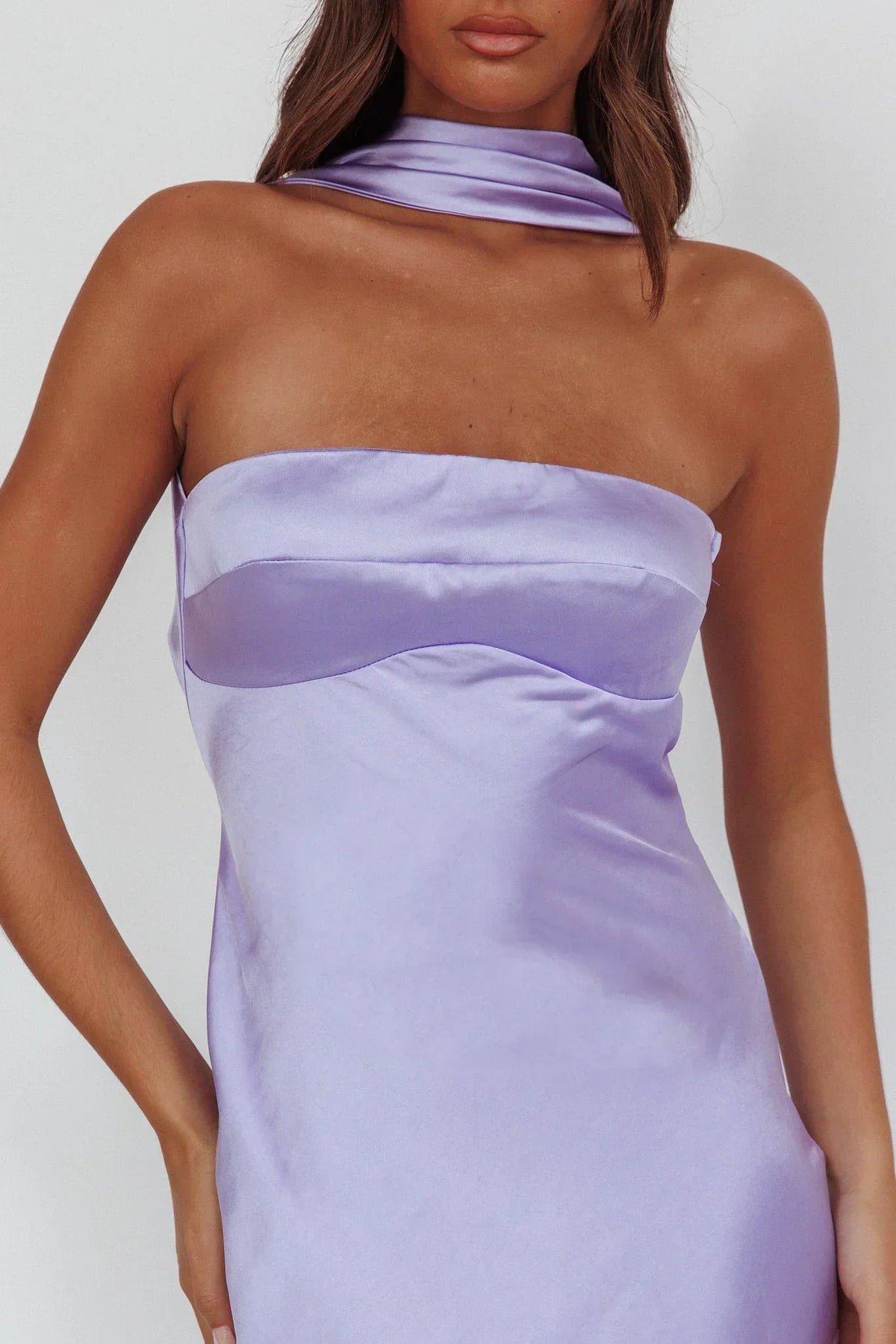 Satin Strapless Scarf Neck Tie Bias Cut Maxi Dress 3
