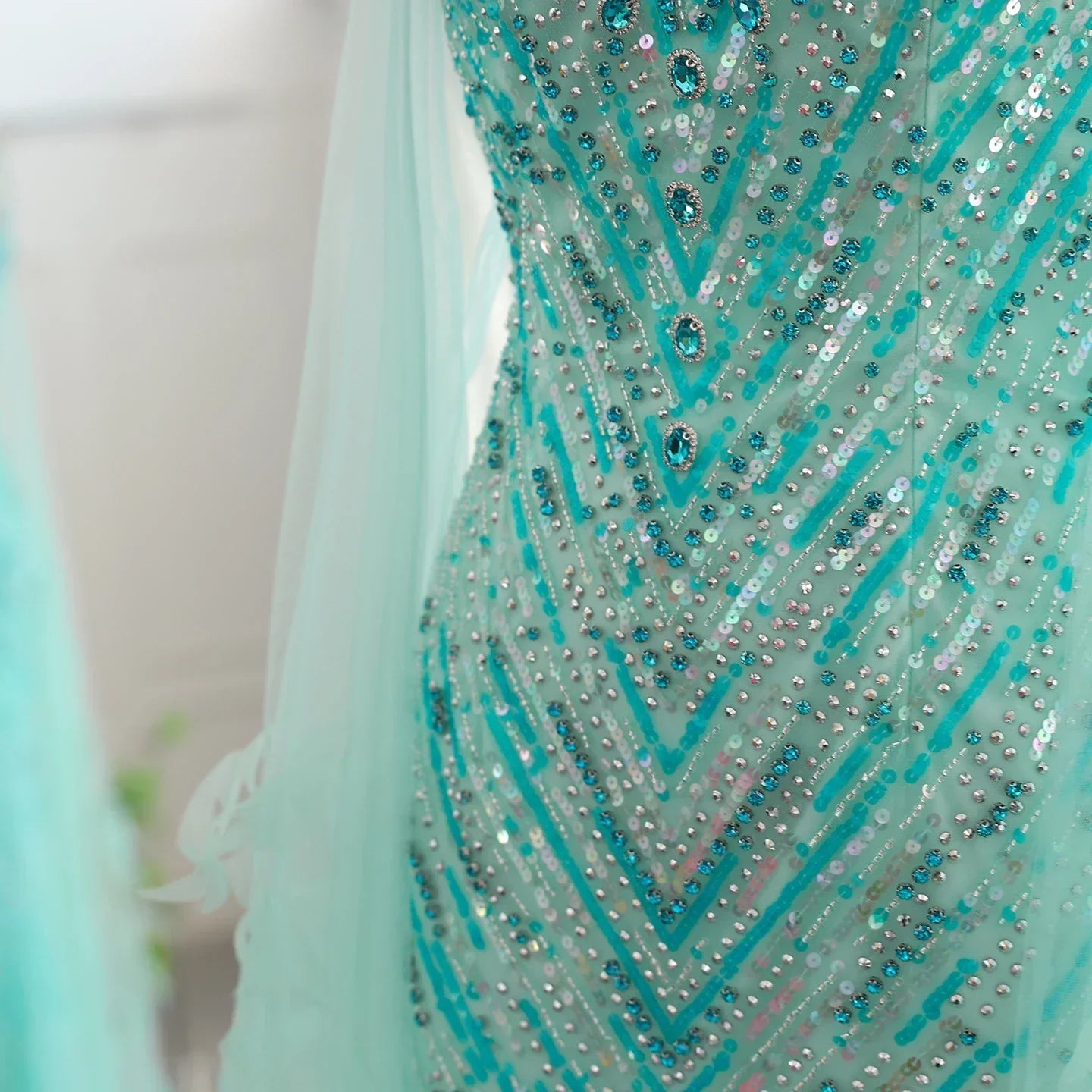 Turquoise Mermaid Evening Gown with Cape Sleeves