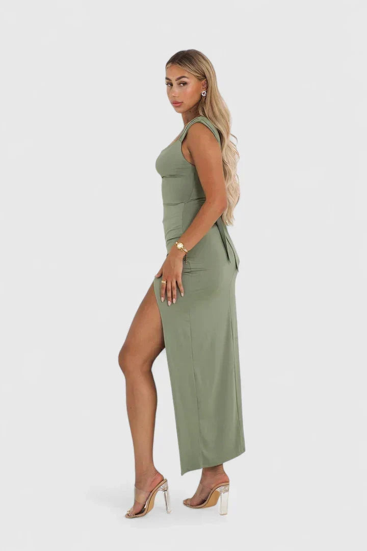 Cowl Neck Ruched High Split Bodycon Maxi Dress