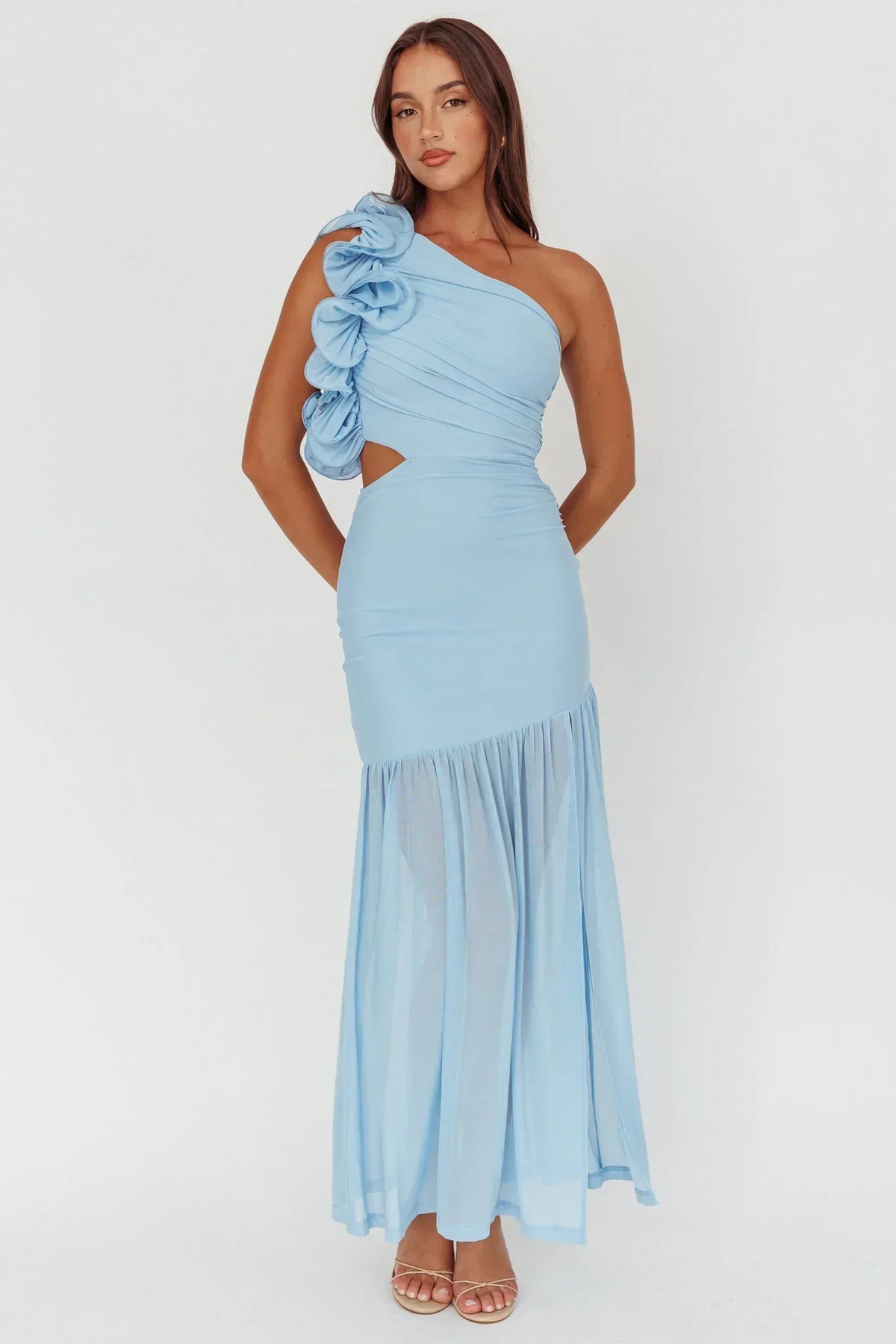 One Shoulder Rosette Ruffle Cut Out Sheer Mesh Hem Maxi Dress 5