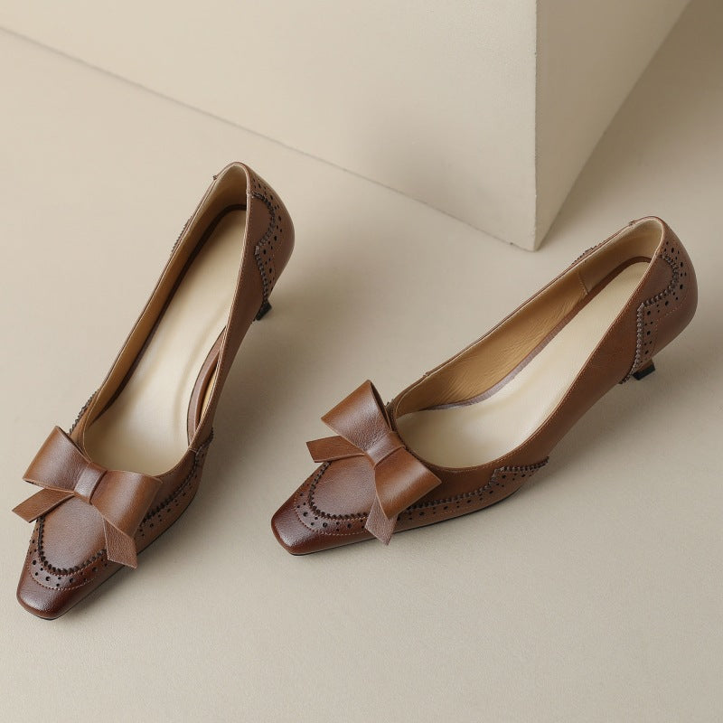 Square Toe Bow Brogue Kitten Heel Pumps
