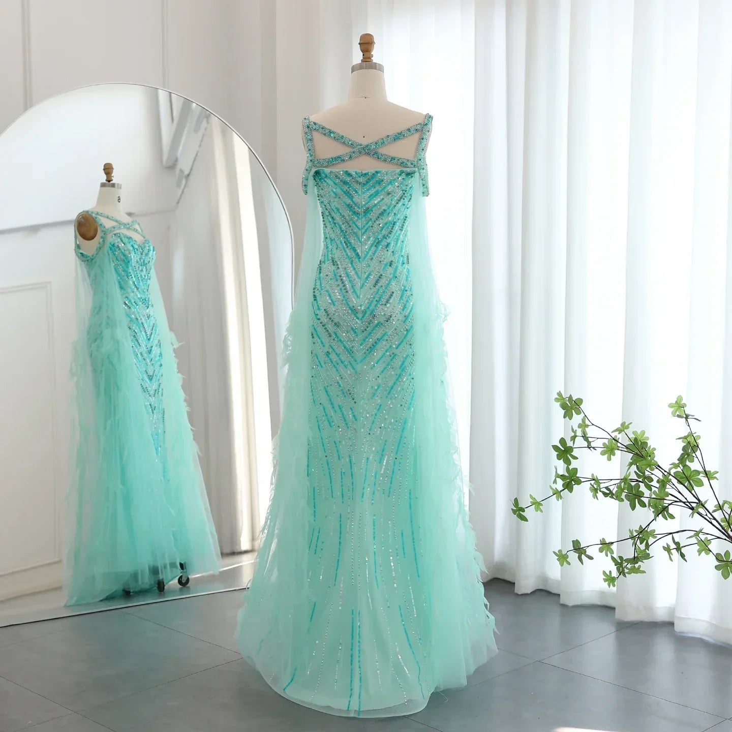 Turquoise Mermaid Evening Gown with Cape Sleeves