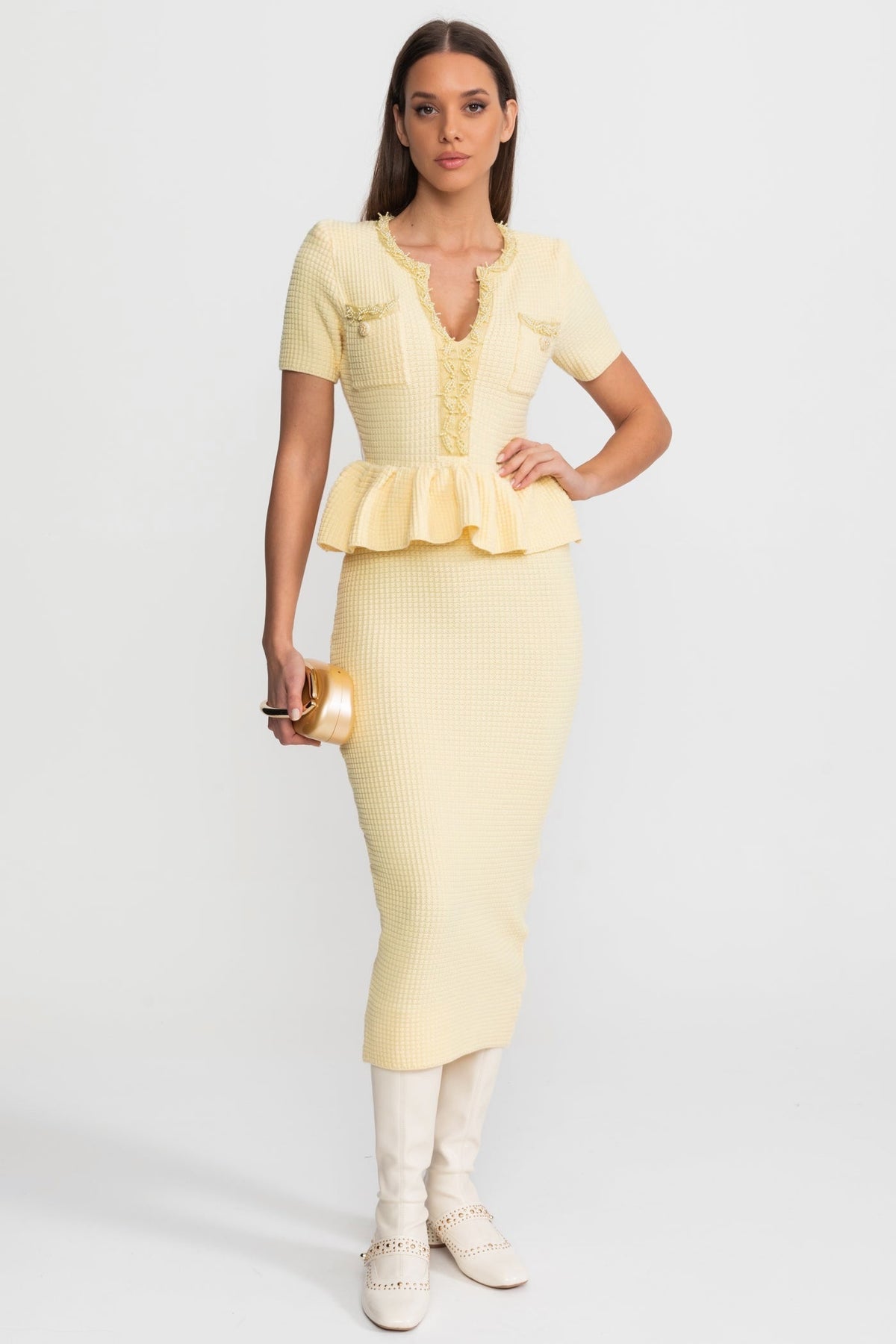 Textured Knit Short Sleeve Embellished Trim Peplum Waist Bodycon Midi Dress 9
