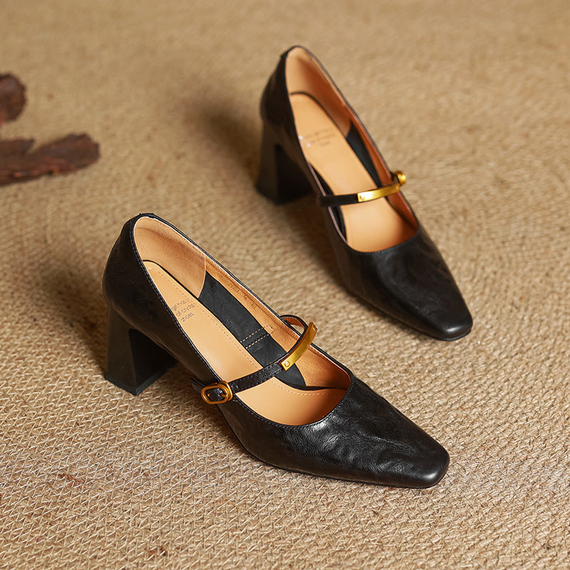 Square Toe Ankle Strap Block Heel Mary Jane Pumps