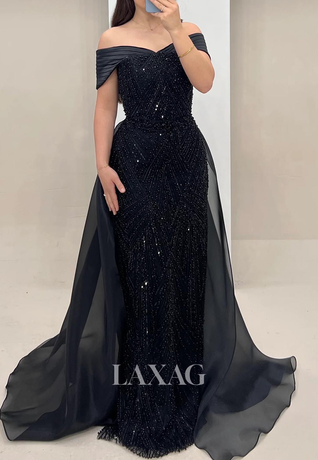 Sweetheart Fully Beaded Mermaid Evening Dress Sleeveless Pleated Formal Gowns with Tulle Train