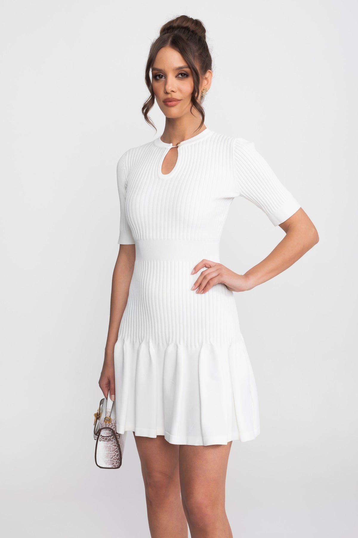 Ribbed Knit Keyhole Neck Short Sleeve Flounce Hem Mini Dress 5