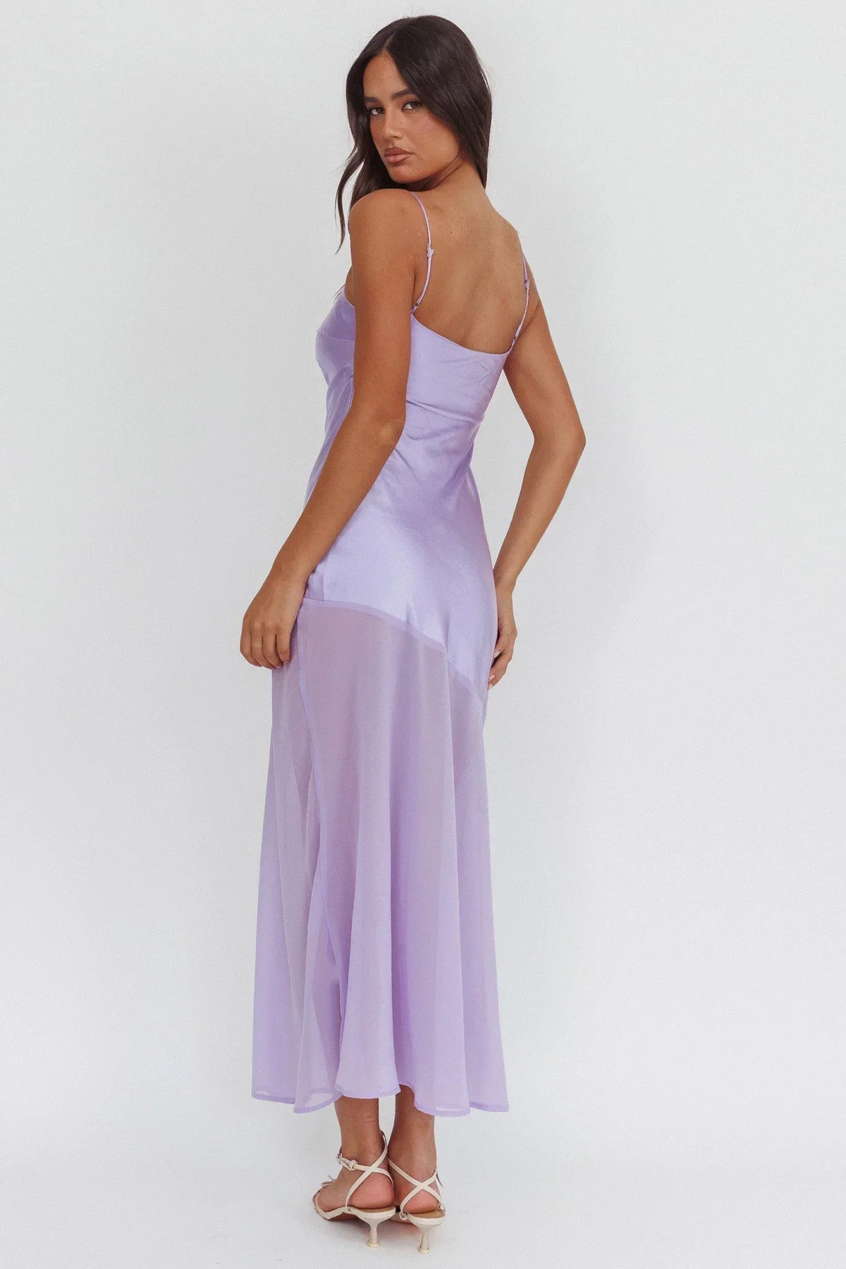 Satin Spaghetti Strap Asymmetric Sheer Chiffon Hem Maxi Dress 2