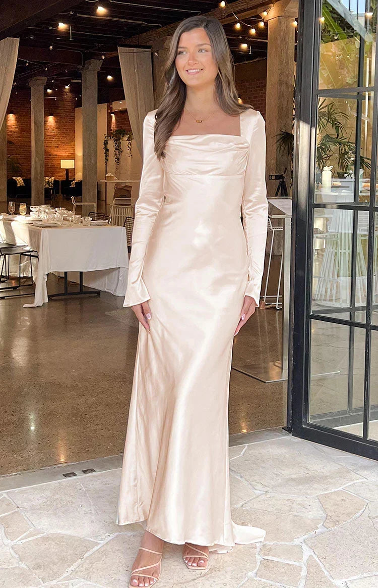 Satin Square Neck Long Sleeve Mermaid Maxi Gown with Train 6
