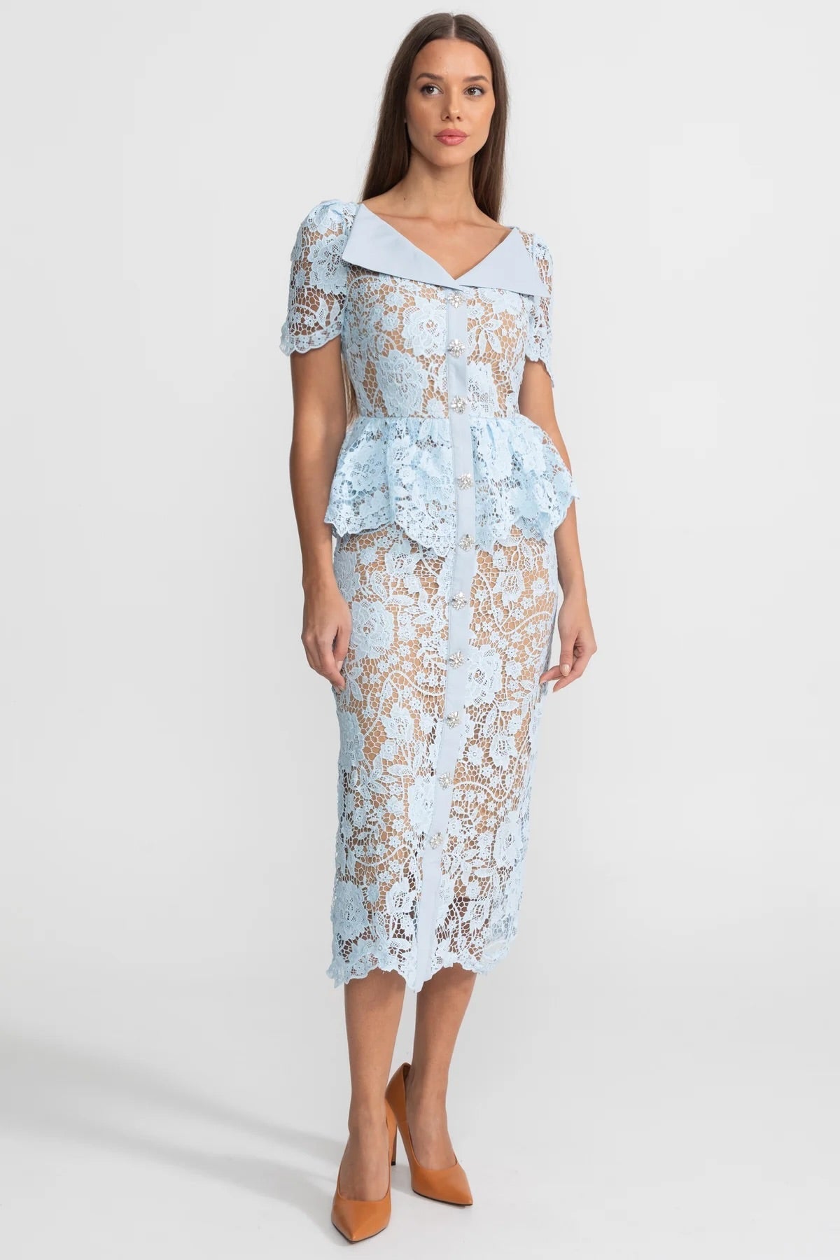 Floral Lace V-Neck Satin Collar Short Sleeve Peplum Button Front Midi Dress 4