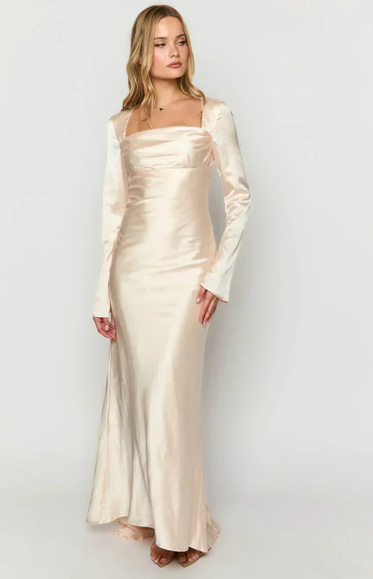 Satin Square Neck Long Sleeve Mermaid Maxi Gown with Train 3