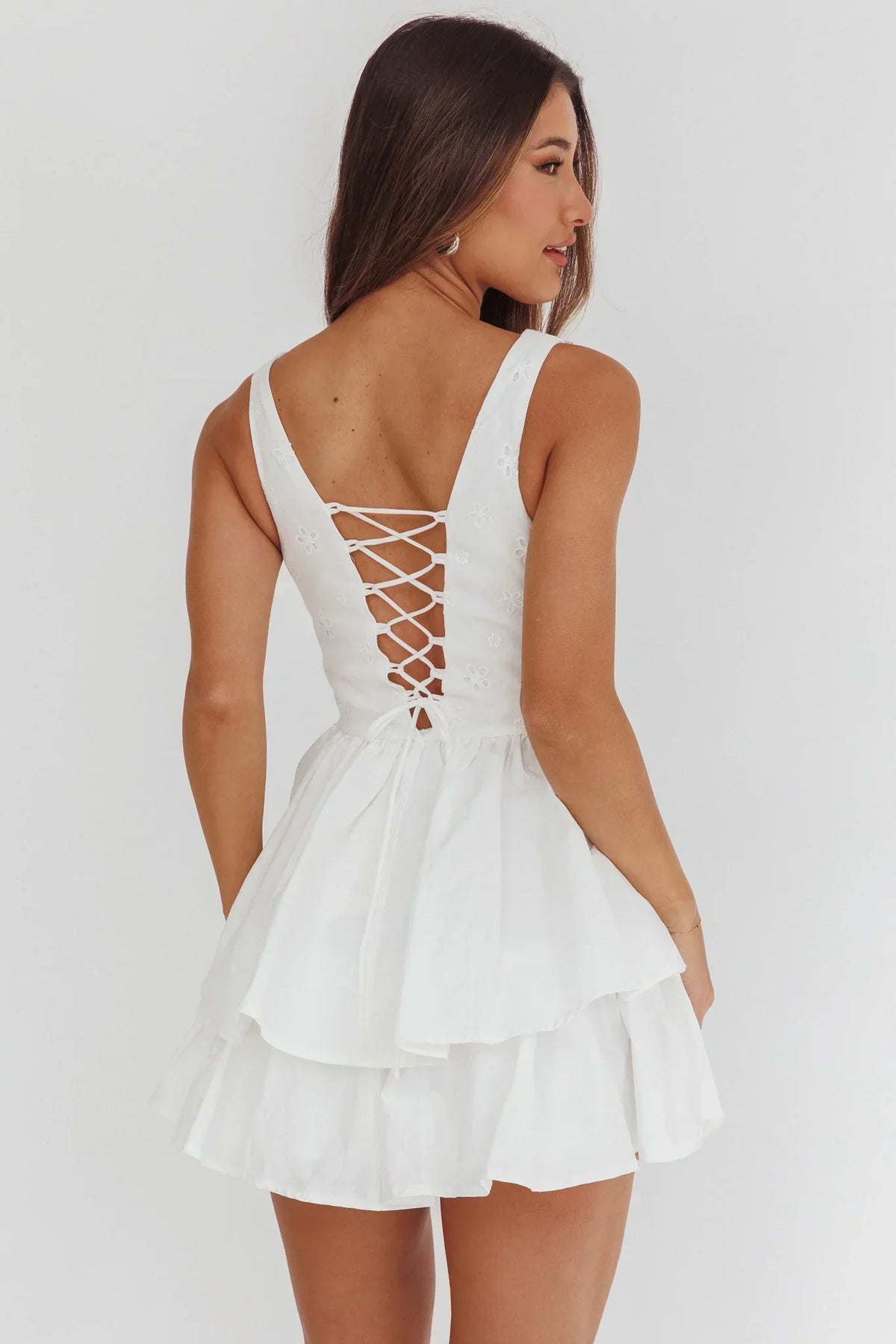 Corella Tied Bust Layered Hem Mini Dress White