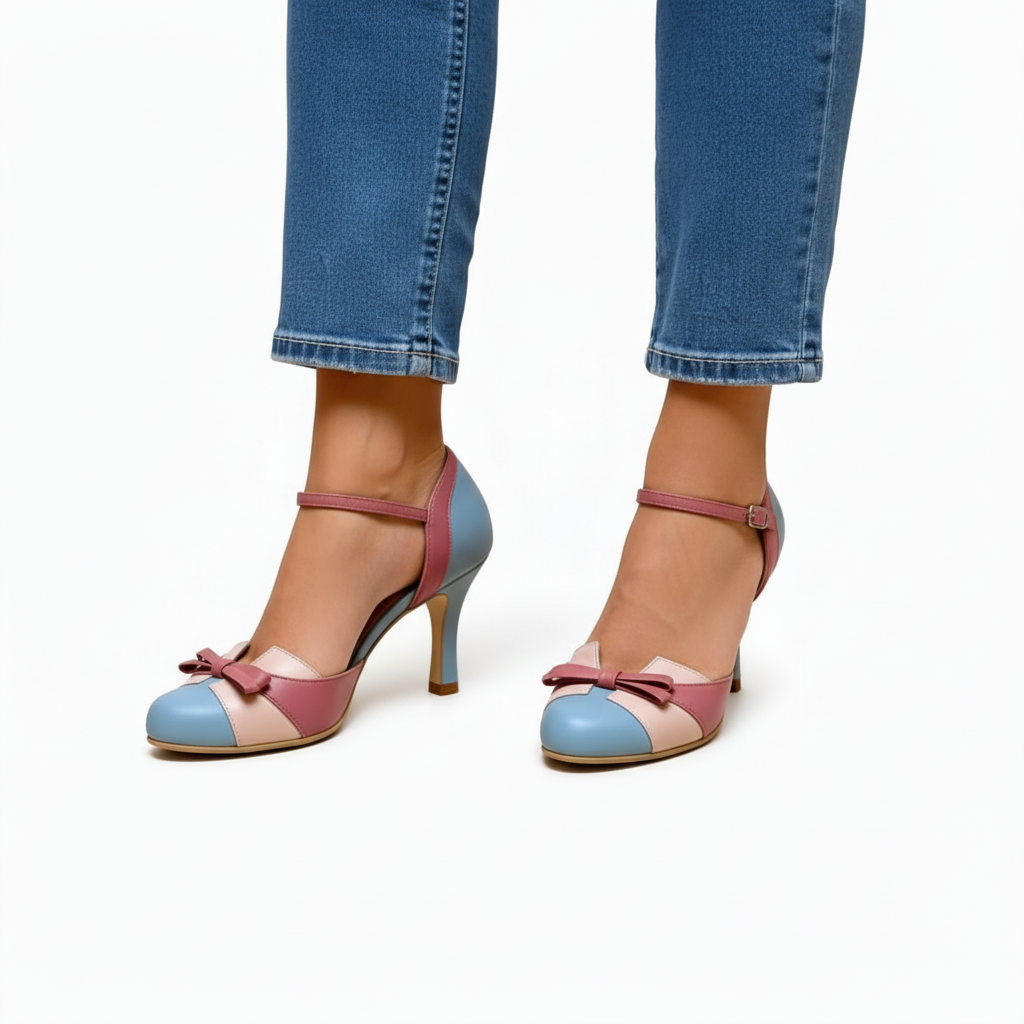 Cap Toe Ankle Strap Bow Stiletto Pumps