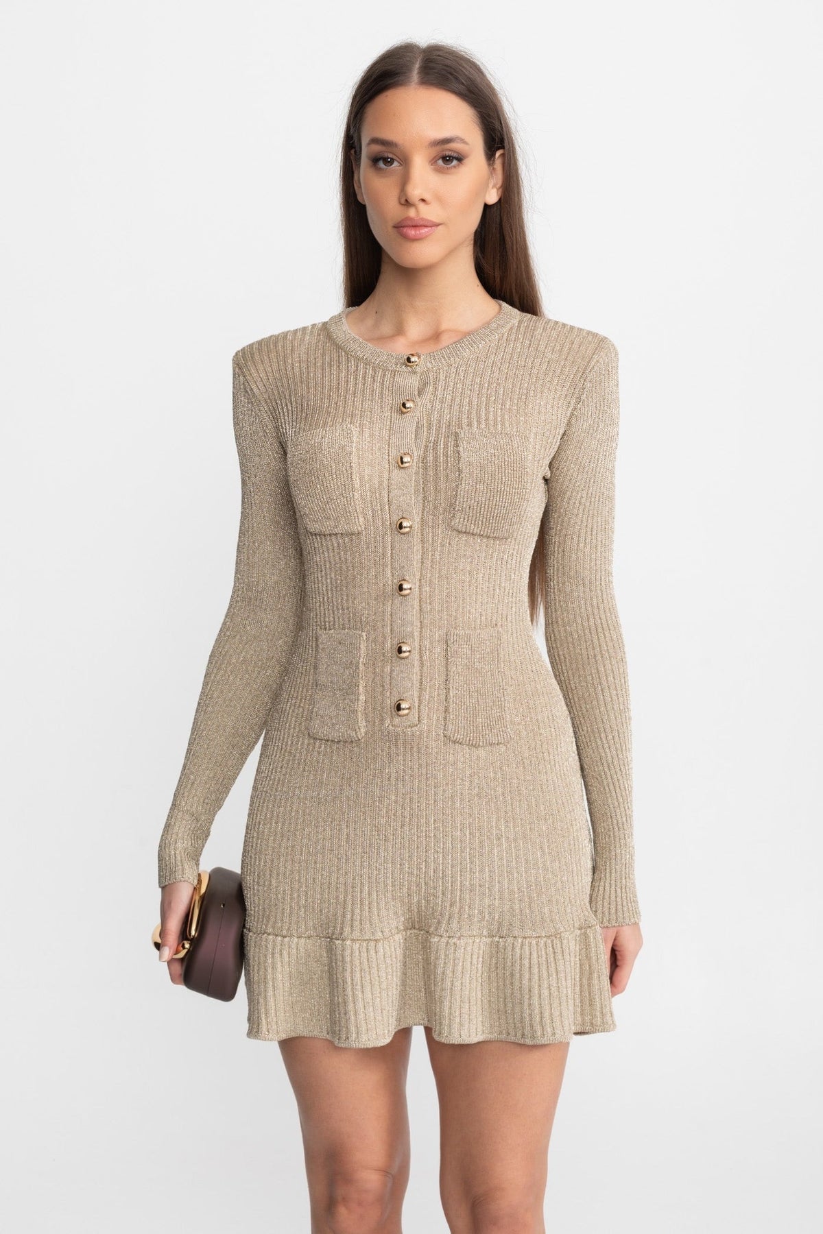 Long Sleeve Ribbed Knit Button Front Ruffle Hem Mini Dress
