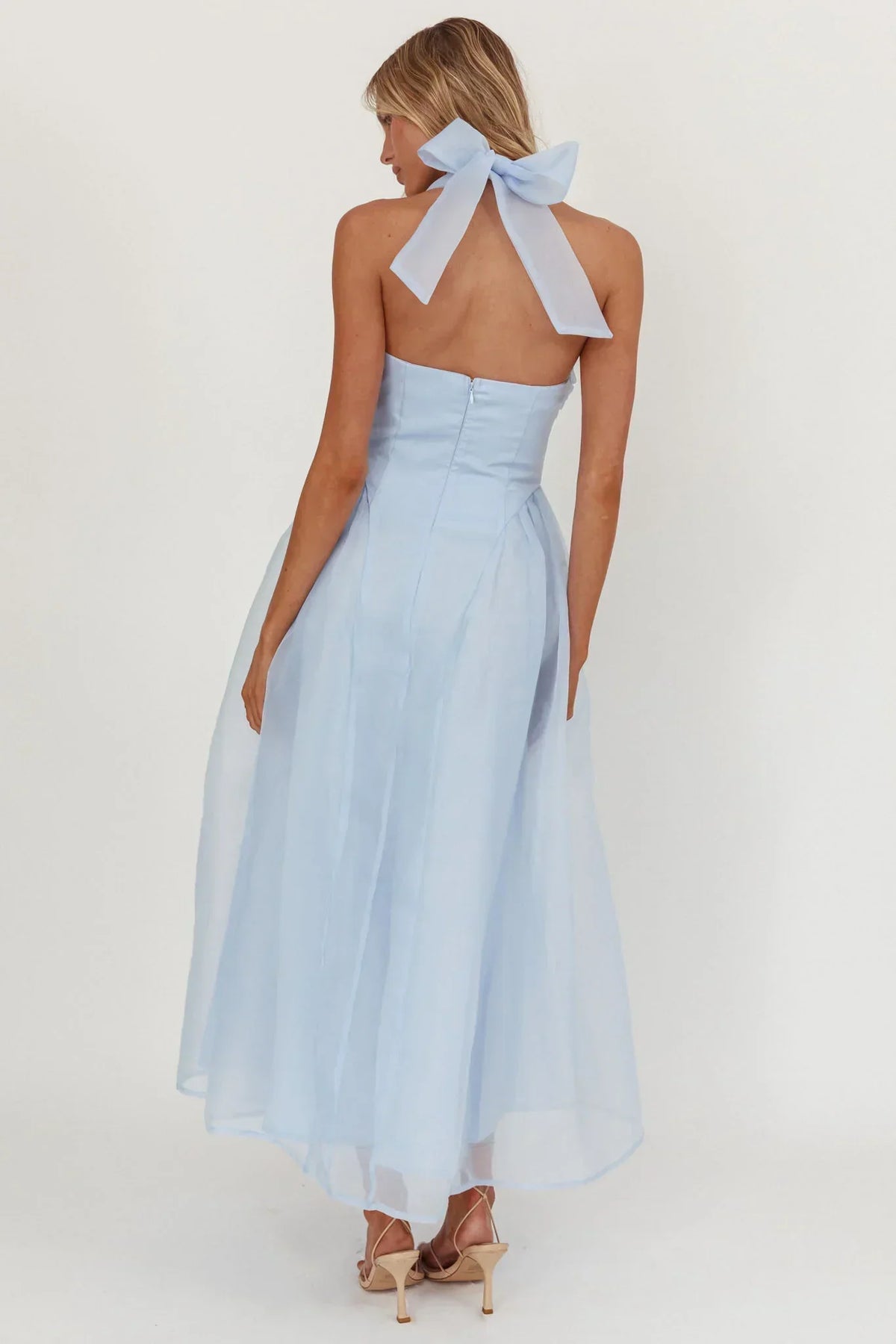 Organza Halter Rosette Sweetheart Neck A-Line Midi Dress 2