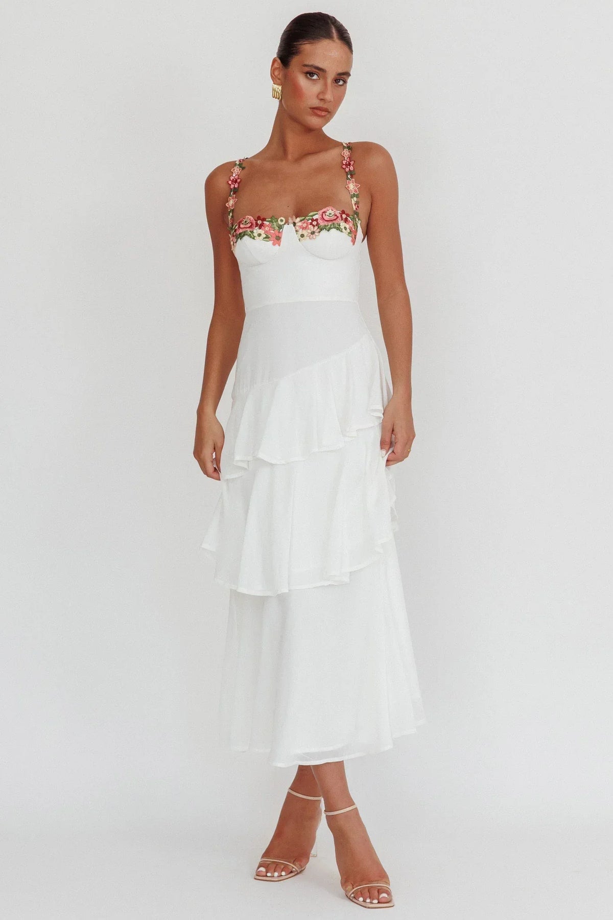 Floral Embroidered Trim Bustier Tiered Ruffle Maxi Dress