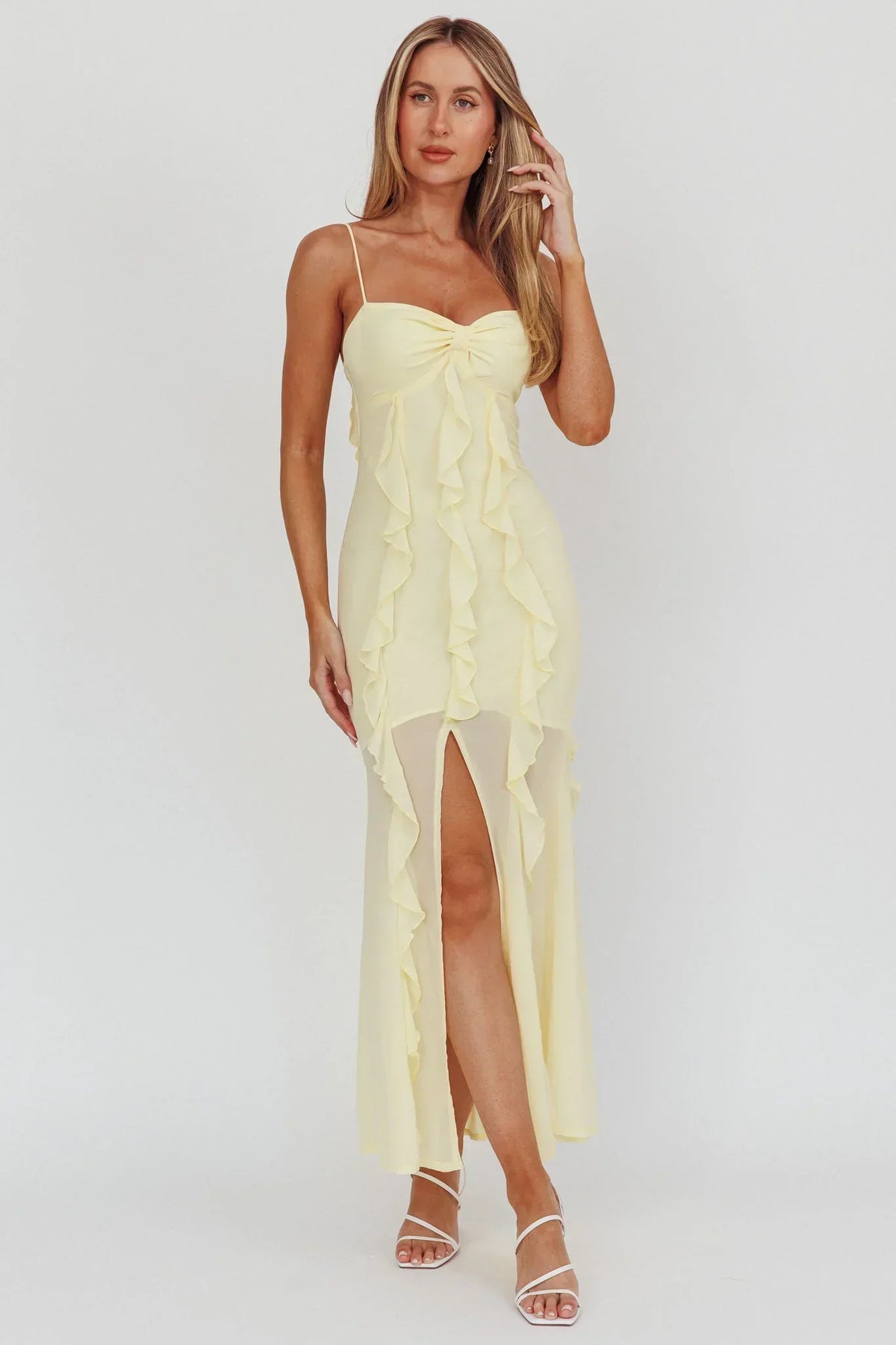Sweetheart Spaghetti Strap Vertical Ruffle Chiffon High Split Maxi Dress 4