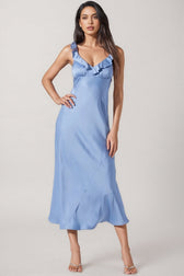 Anyat Blue Satin Ruffle Midi Dress