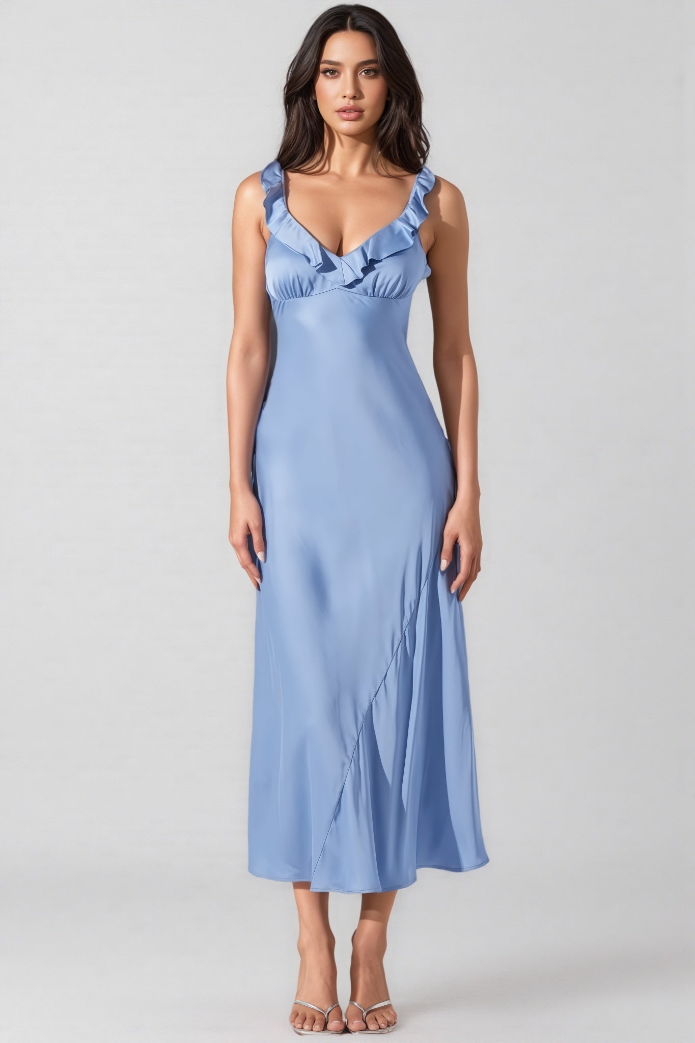 Anyat Blue Satin Ruffle Midi Dress - View 2