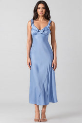 Anyat Blue Satin Ruffle Midi Dress - View 2