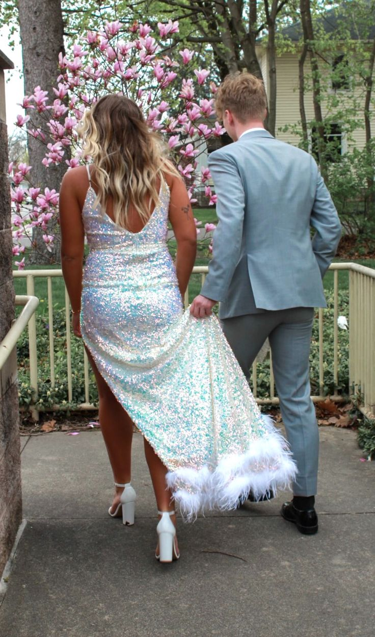 Glitter White Sequins Prom Dress With Hem Feathers  cc807