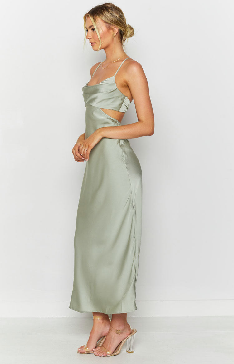 Satin Cowl Neck Side Cut Out Strappy Back Maxi Dress 3