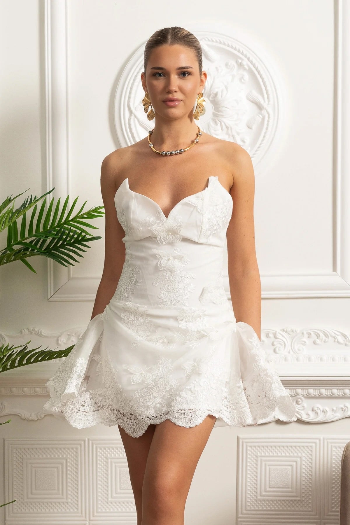 Strapless Sweetheart Embroidered Tulle Scalloped Hem Peplum Mini Dress 3