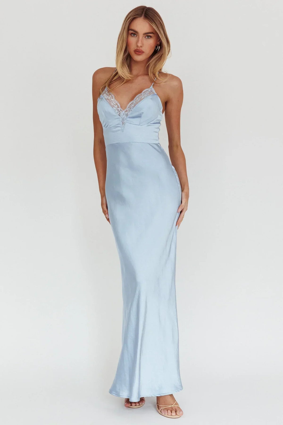 Satin Lace Trim V-Neck Halter Bias Cut Maxi Dress