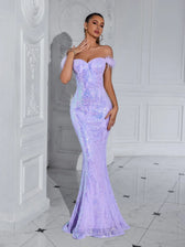 Solid Faux Feather Off-Shoulder Party Dress Violet Club / Xs Partydress-241208