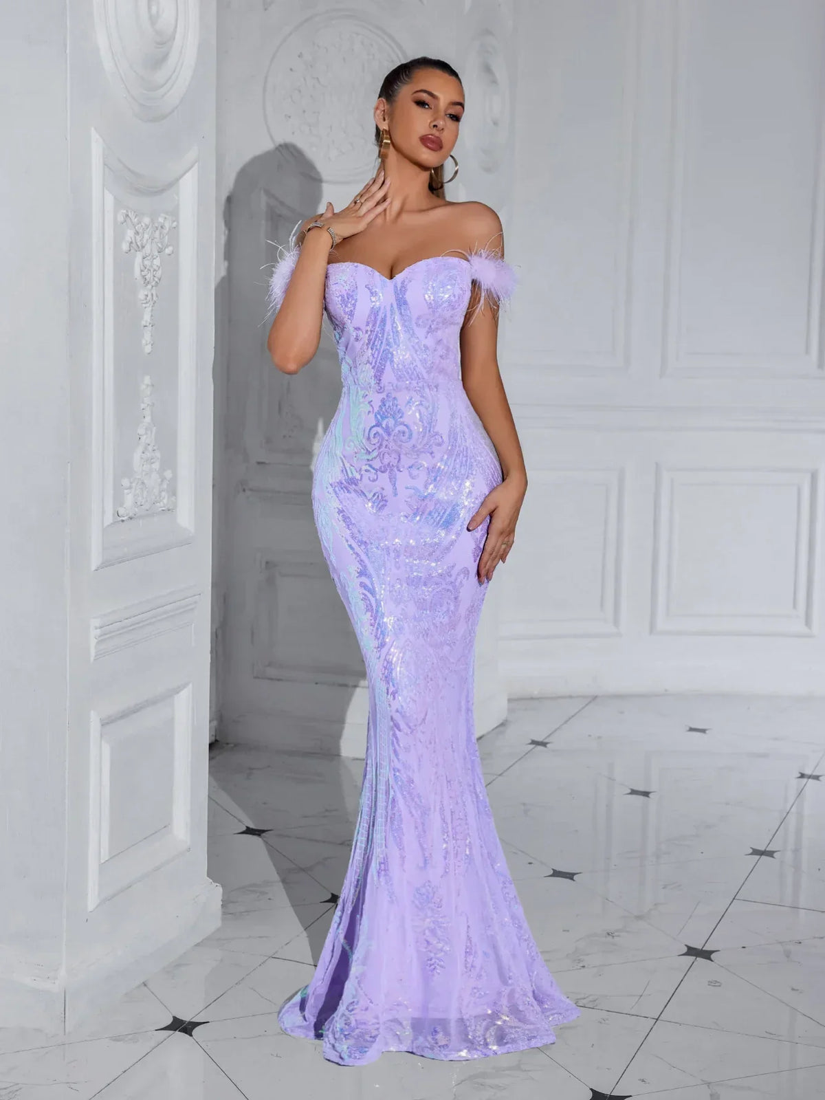 Sequin Off Shoulder Faux Feather Strap Sweetheart Mermaid Gown 5