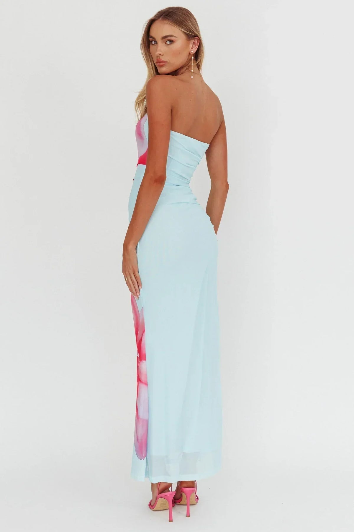 Large Floral Print Strapless Ruched Bodycon Maxi Dress 3