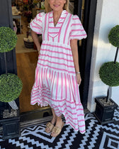 Striped V-Neck Puff Sleeve Tiered Midi Dress