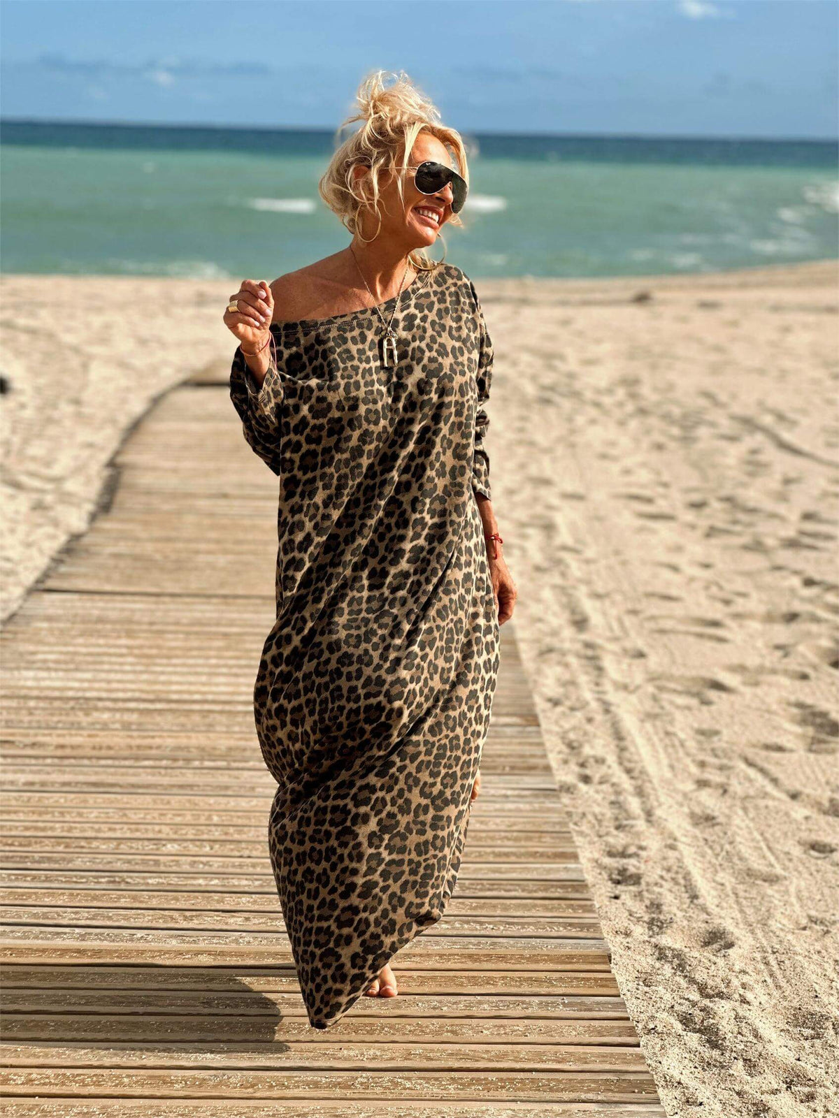 Leopard Print Off Shoulder Long Sleeve Oversized Maxi Dress