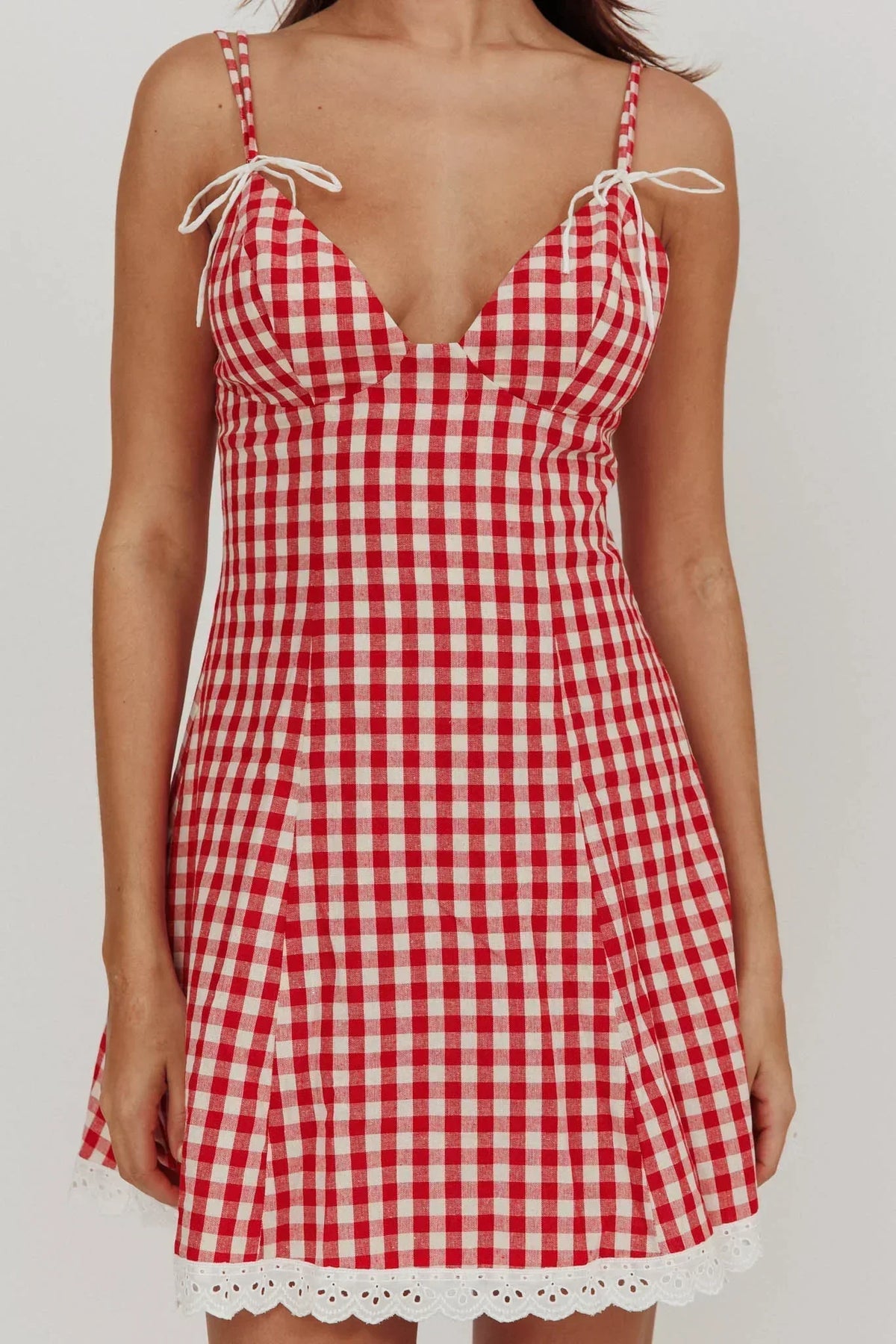 Noelle Lace Trim Mini Dress Gingham Red