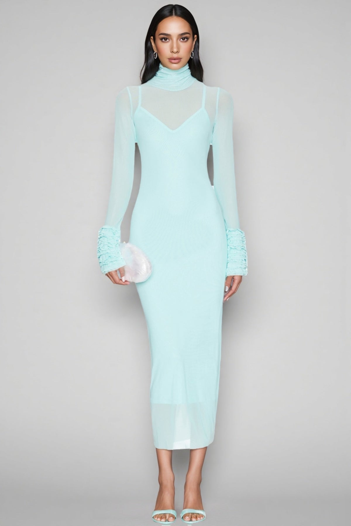 Sheer Mesh Turtleneck Long Sleeve Ruffle Cuff Bodycon Midi Dress
