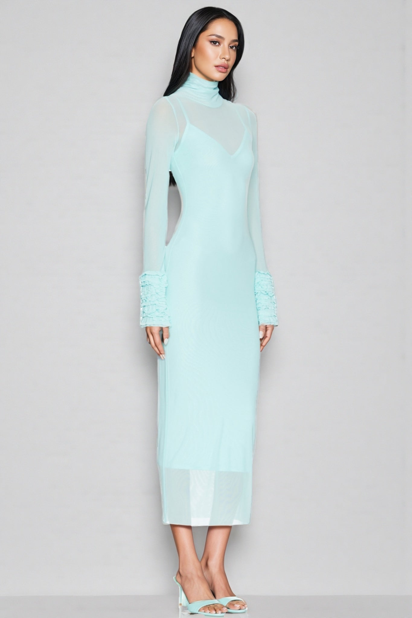 Abrife Blue Sheer Mesh Maxi Dress - View 2