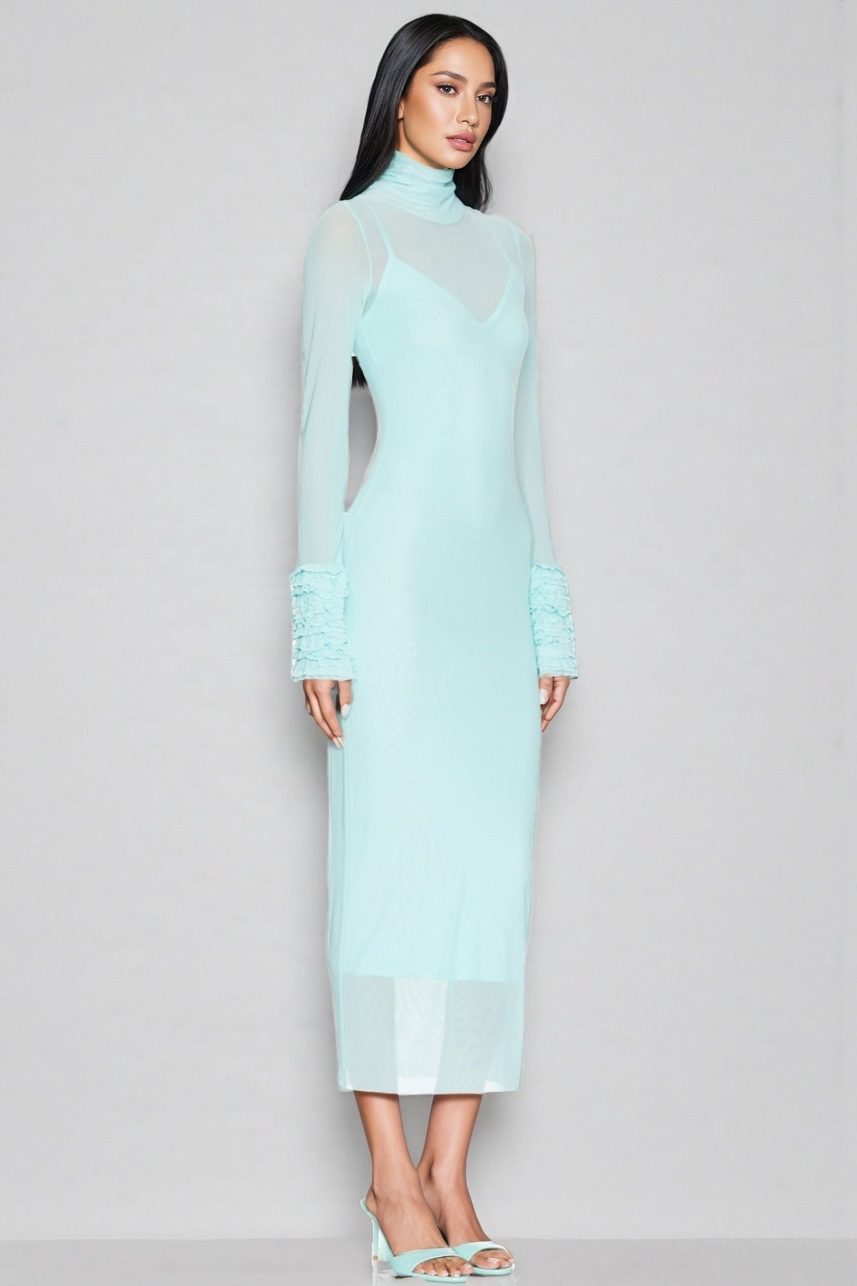 Sheer Mesh Turtleneck Long Sleeve Ruffle Cuff Bodycon Midi Dress 2