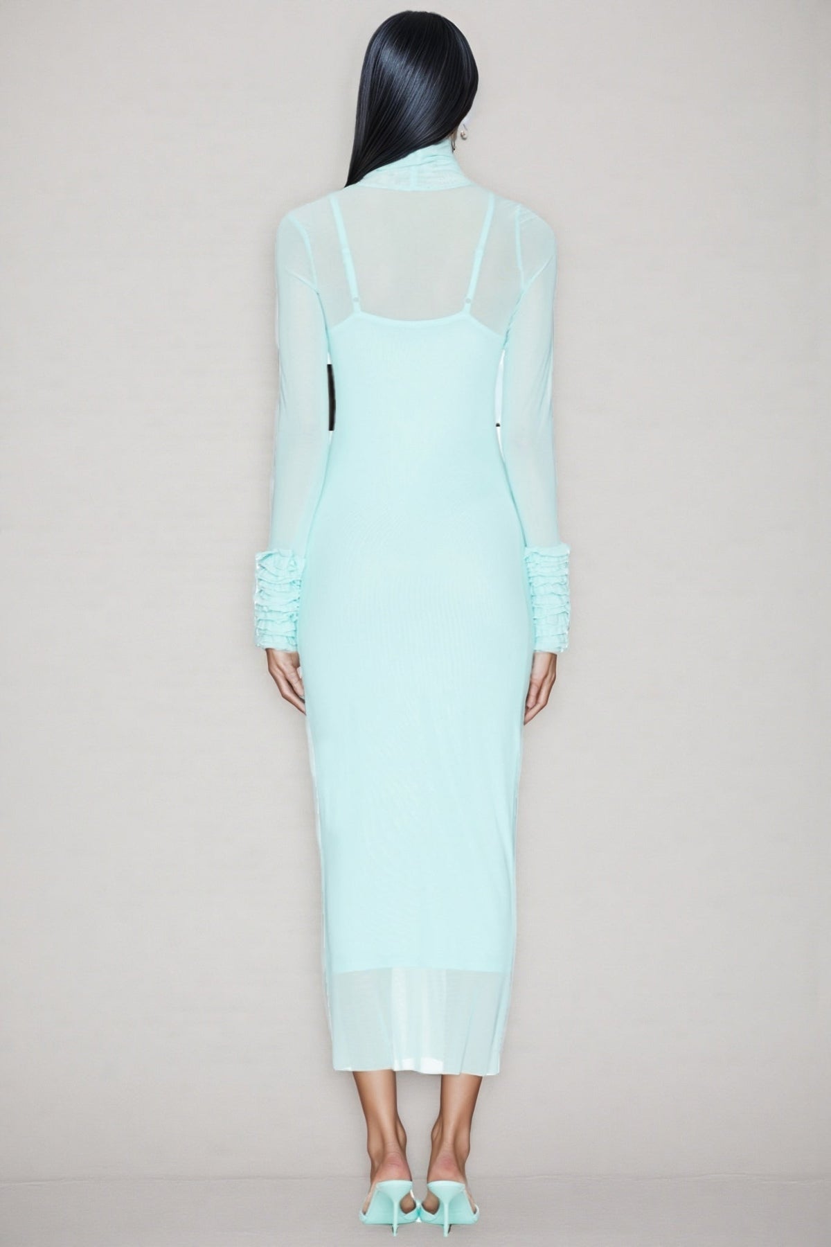 Sheer Mesh Turtleneck Long Sleeve Ruffle Cuff Bodycon Midi Dress 3
