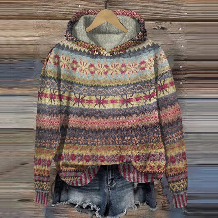 Fair Isle Hooded Long Sleeve Knit Sweater