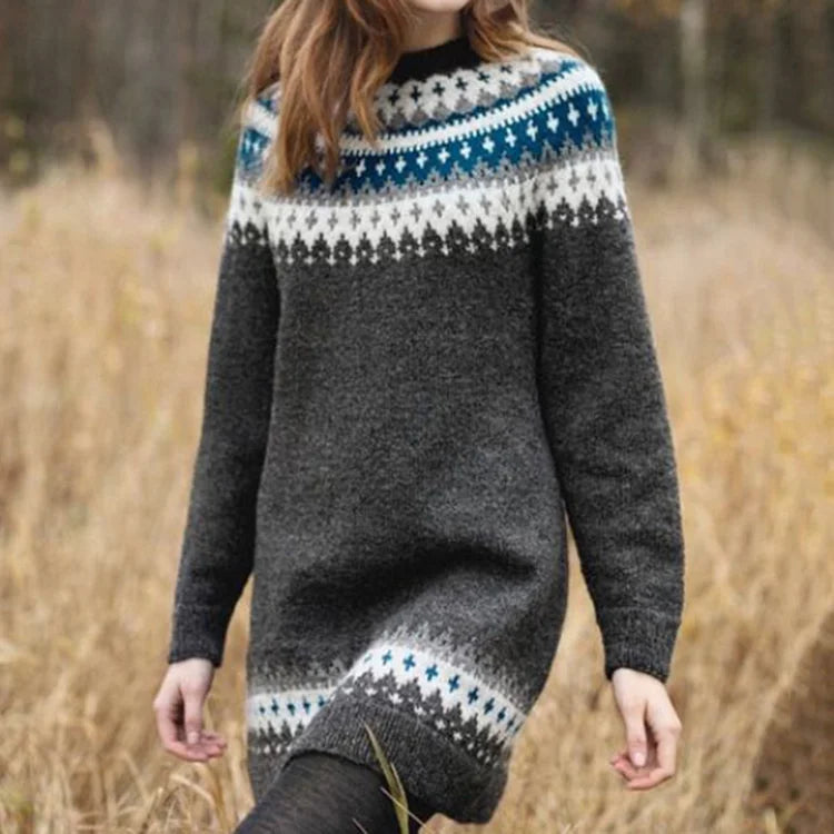 Fair Isle Mock Neck Long Sleeve Knit Sweater Dress