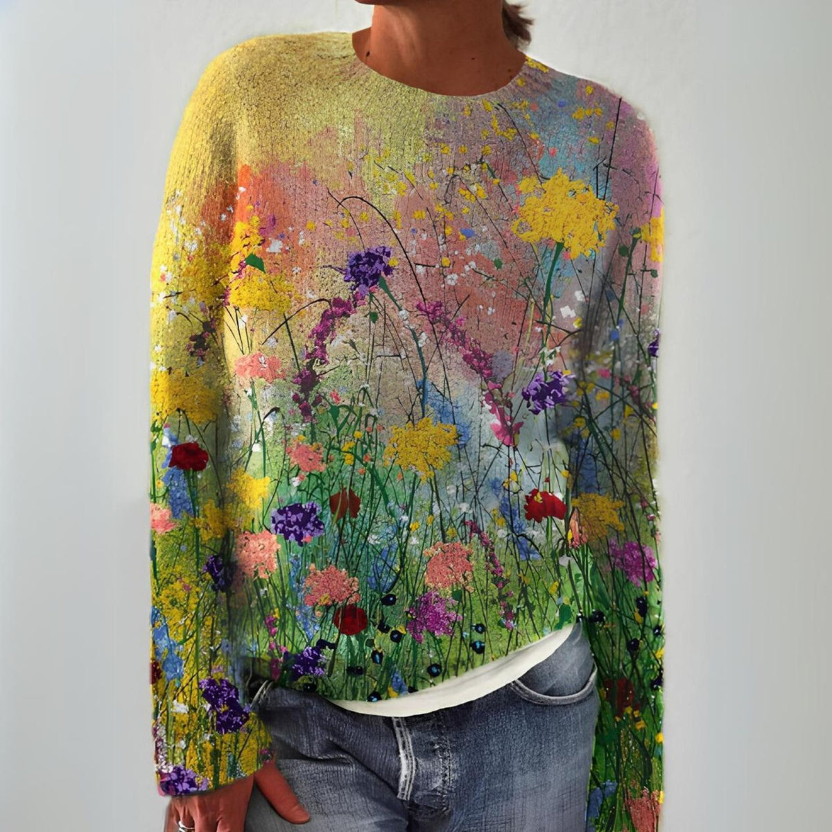 Wildflower Floral Print Crew Neck Knit Sweater
