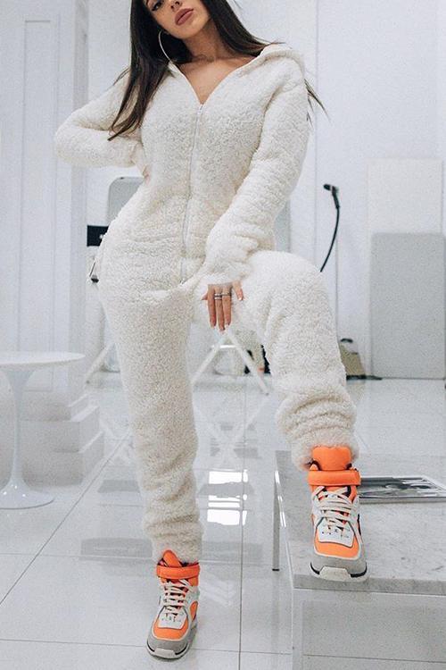 Fuzzy Hoodie Collar Jumpsuit Pajamas