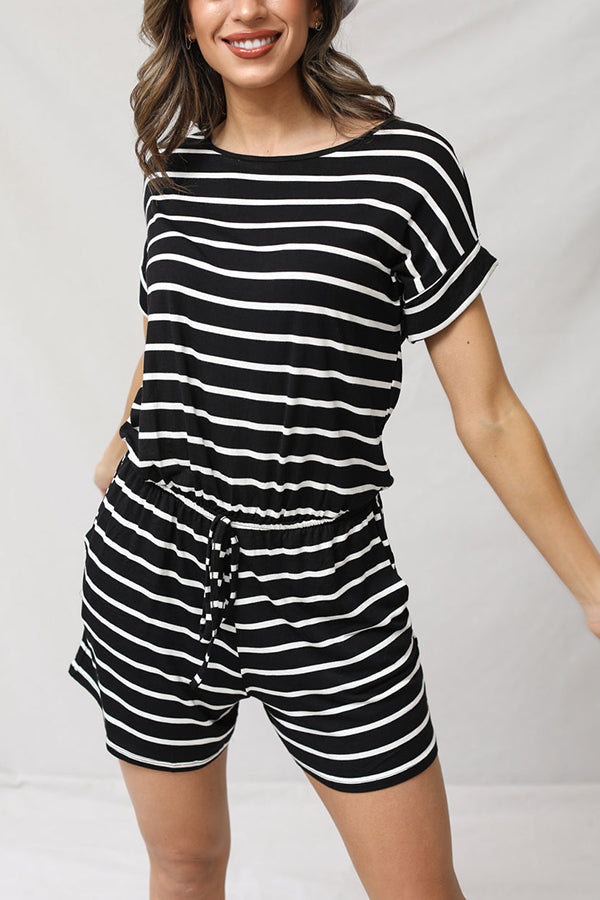 Stripe Print Drawstring Waist Casual Romper