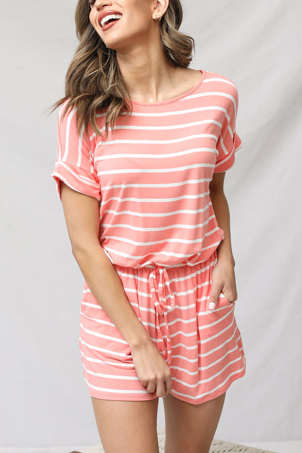 Stripe Print Drawstring Waist Casual Romper