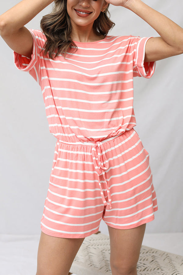 Stripe Print Drawstring Waist Casual Romper